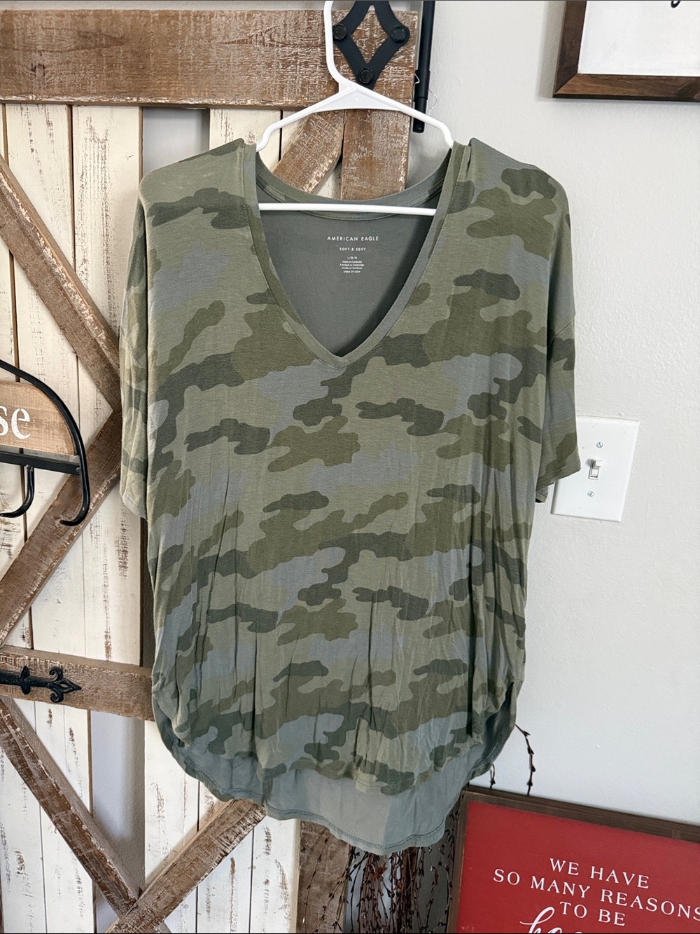 American Eagle Outfitters Olive Green Camo V-Neck Short Sleeve Top